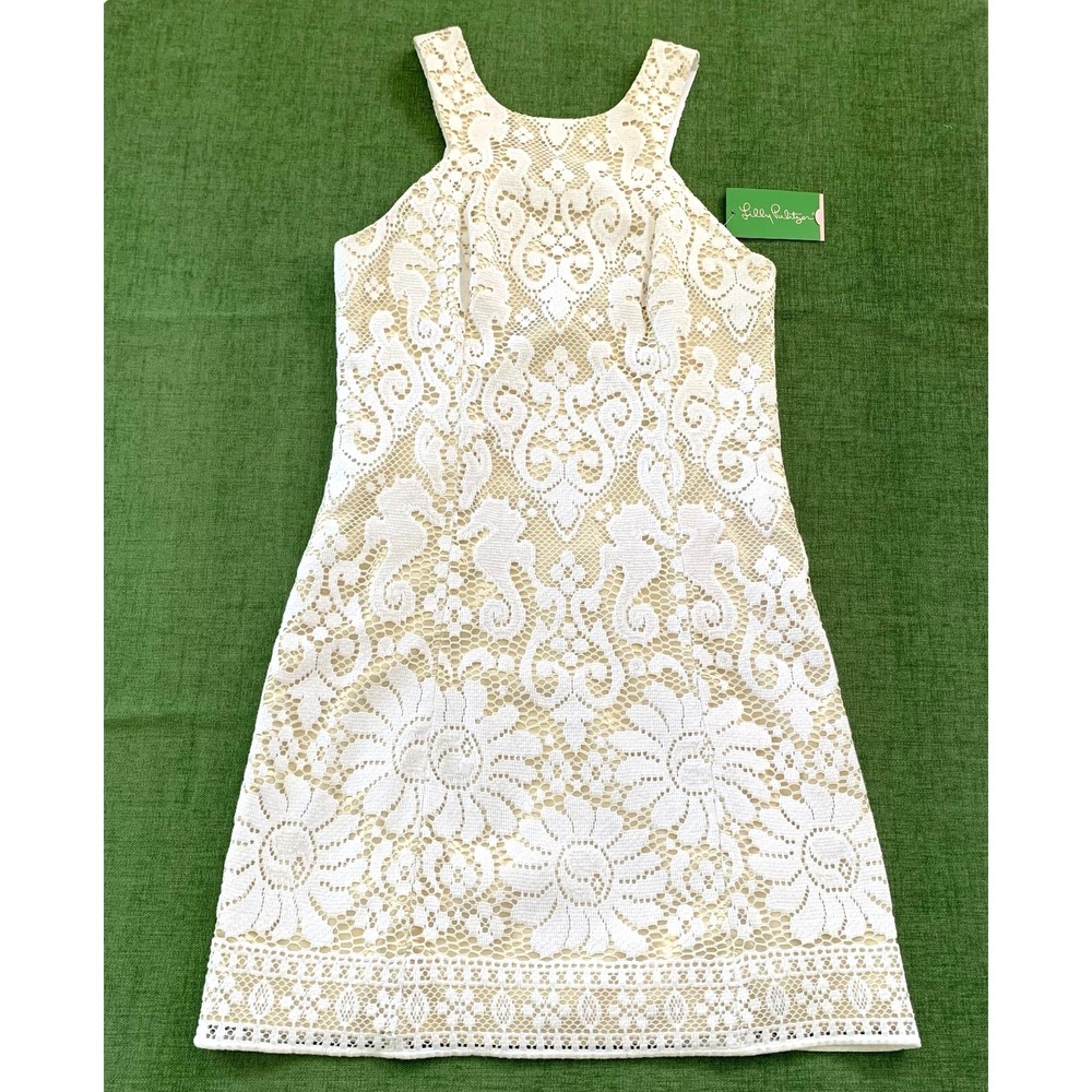 NWT Lilly Pulitzer Largo Engineered Seahorse Floral Lace Shift Dress 0 Gold